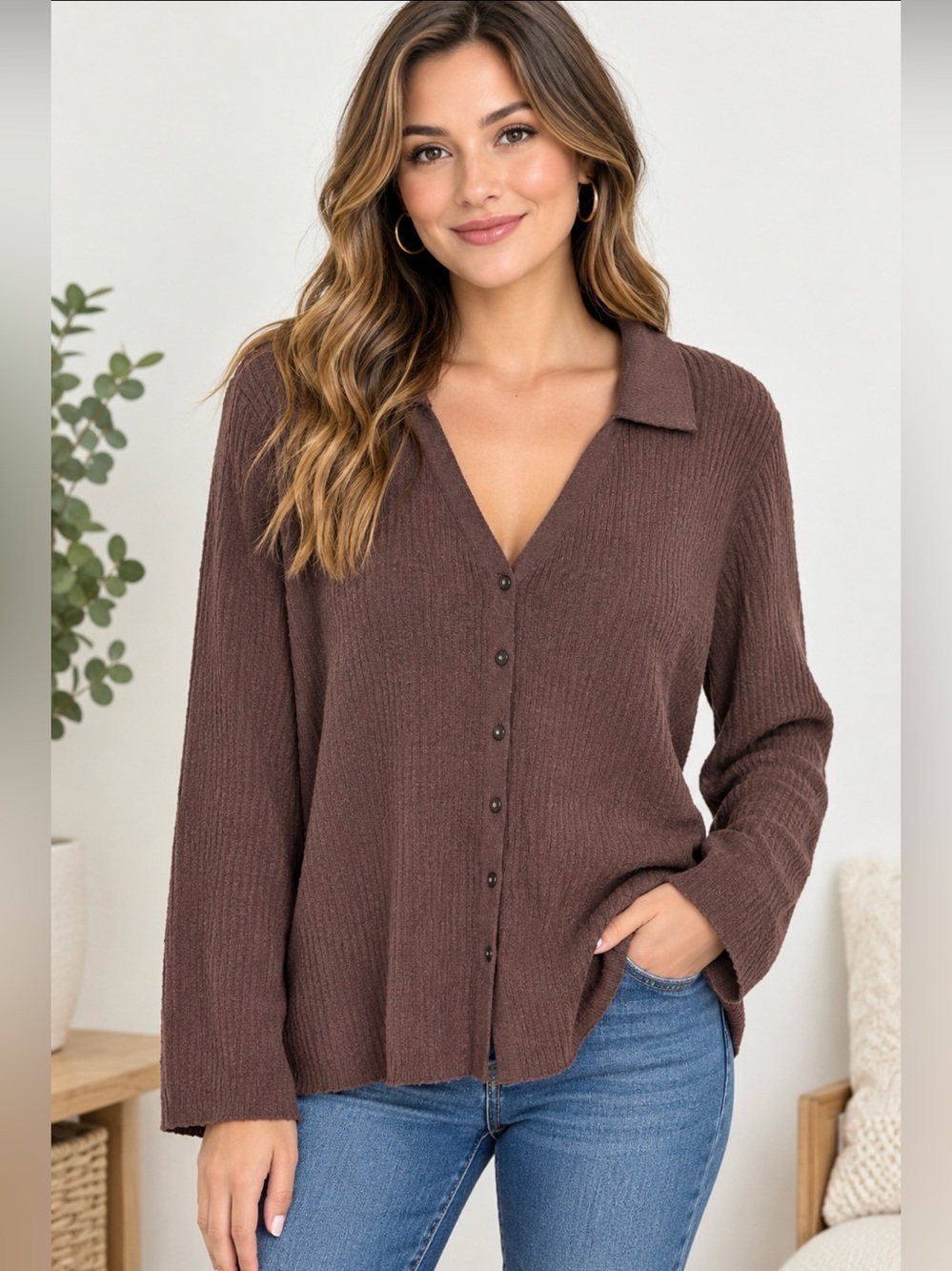 a new day Ribbed Button-Front Collared Top - Brown 3X
